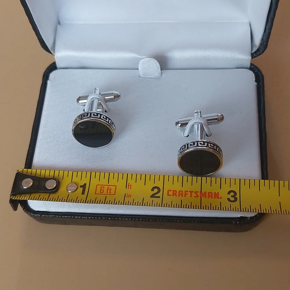 Saddlebred Greek Key Pattern Black Enameled Silver Tone Cuff Links